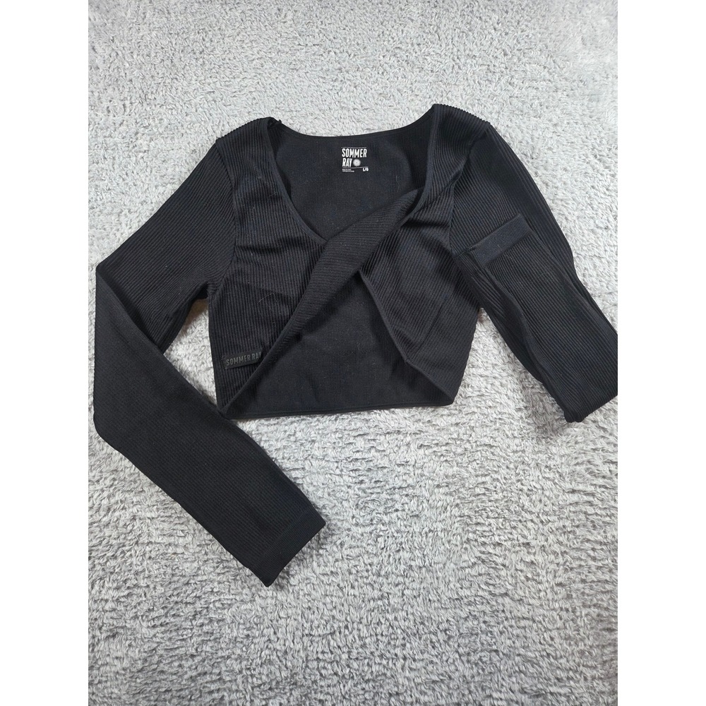 Sommer Ray Wrap Front Crop Top L Black Womens Ribbed Long Sleeve Activewear